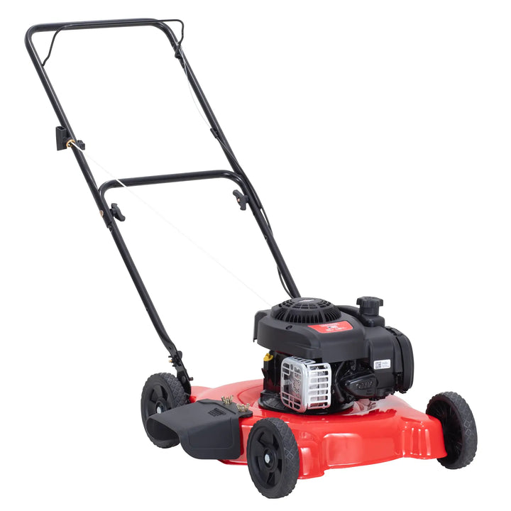 Craftsman CM11A-02T8793 red push lawn mower, side angle on white background.