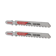 Photo of two Craftsman jigsaw blades for clean wood cutting, SKU CMAJ1410WC2, side angle on white background.