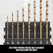 Craftsman drill bit set CMAM2214 with nine gold-tone bits in case, sizes labeled, shown from front on white background.