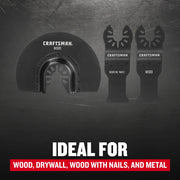 Photo of CRAFTSMAN multi-tool blade set CMAO552, three black blades for cutting wood, wood with nails, and metal.