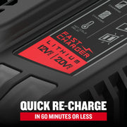 Photo of CRAFTSMAN lithium fast charger for 12V/20V batteries, SKU CMCB104, close-up of graphics and text.