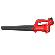Photo of Craftsman V20 cordless leaf blower CMCBL710M1, red and black, side view on white background.