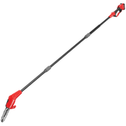 Photo of Craftsman CMCCSP20M1 cordless pole saw, red and black, side angle on white background.