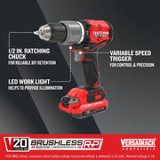 Photo of Craftsman V20 brushless cordless drill with LED work light, 1/2 inch ratcheting chuck, SKU CMCD732D2.
