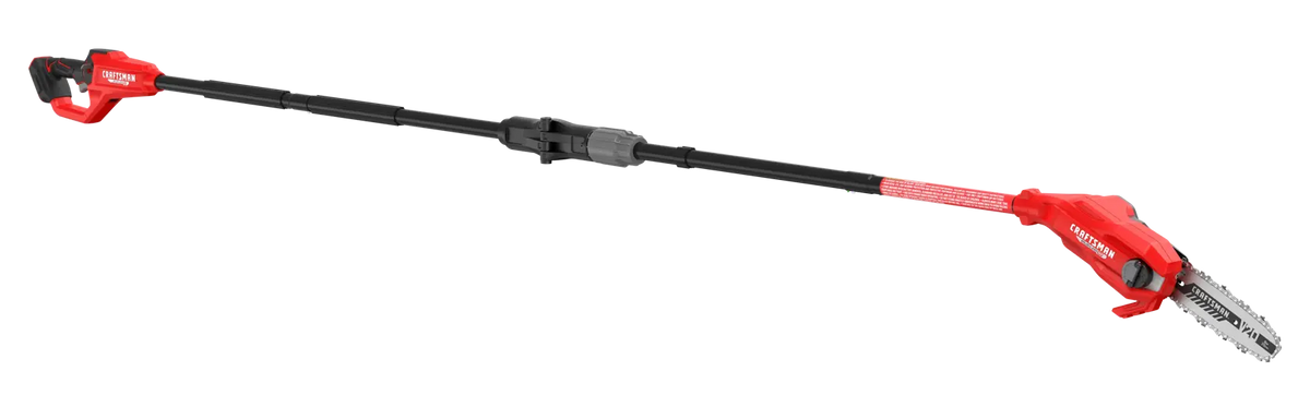 CRAFTSMAN CMCPS630B red cordless pole saw with extendable black shaft, side angle on white background.