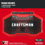 Front view photo of CRAFTSMAN Bluetooth speaker, red and black, model CMCR001B, with control buttons on top.