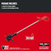 Photo of Craftsman CMCST915B string trimmer and red spool of 0.065 in. line, shown on red background.