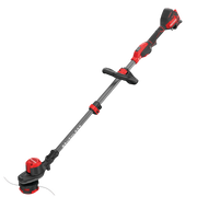 Photo of CRAFTSMAN CMCST920B cordless string trimmer, red and black, straight shaft, side angle on white background.