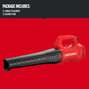 Craftsman CMEBL710 handheld blower, red and black design, side angle on red background.