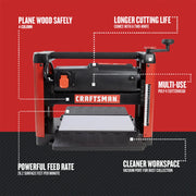 Front angle photo of Craftsman wood planer SKU CMEW320 showing red and black body, feed table, and labeled feature highlights.