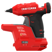 Photo of CRAFTSMAN cordless hot glue gun, red and black, side angle, SKU CMGL100B, with base and warning label.