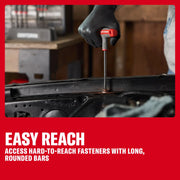 Person uses a CRAFTSMAN T-handle tool to reach and adjust a fastener in a car engine area.