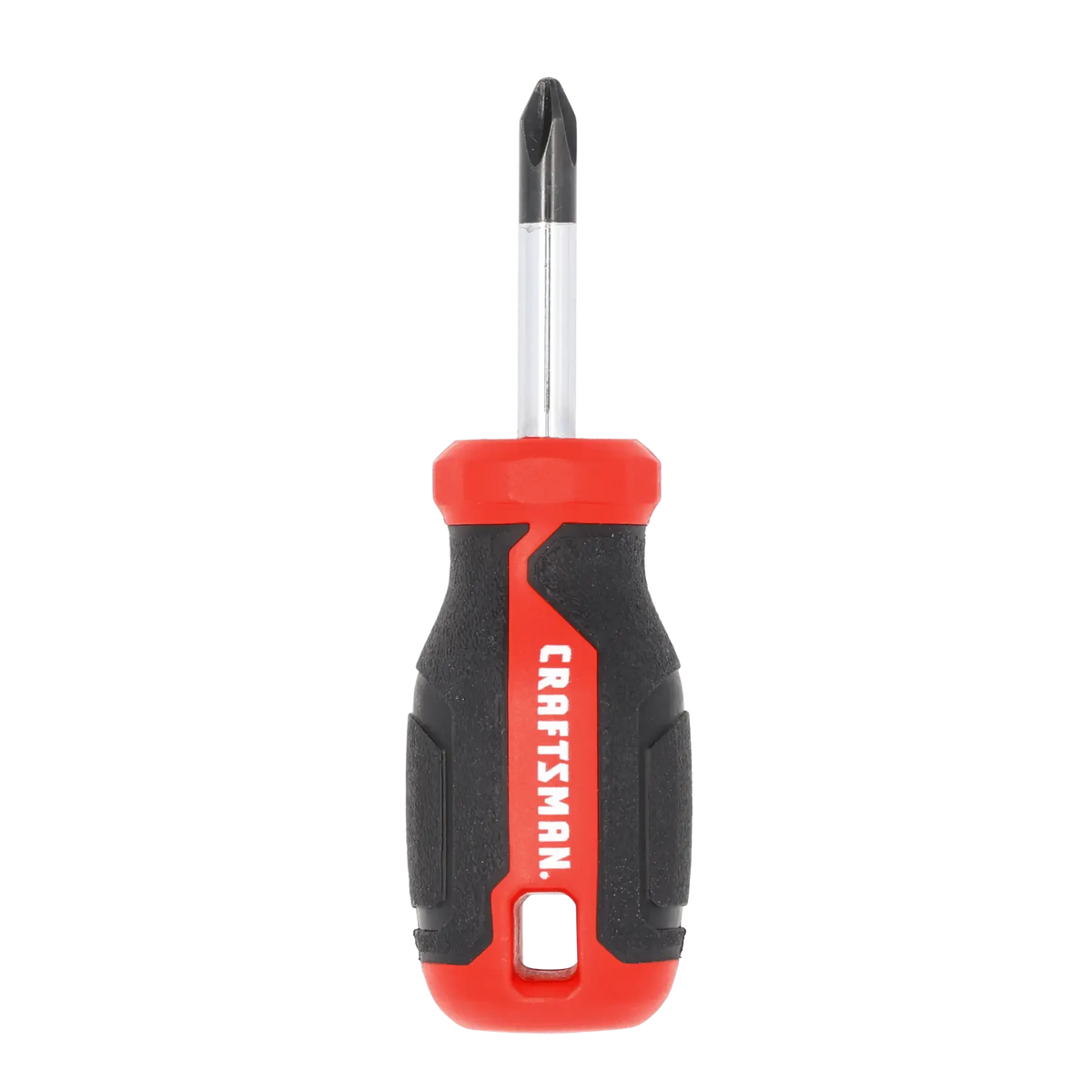 Front view photo of Craftsman CMHT65149 stubby Phillips screwdriver with red and black ergonomic handle on white background.