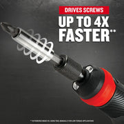 Photo of CRAFTSMAN CMHT66718B20 screwdriver in action, showing rotating bit and text stating drives screws up to 4x faster.