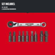 Photo of Craftsman CMHT68008 ratcheting screwdriver set with 9 assorted 1-inch bits on red background.