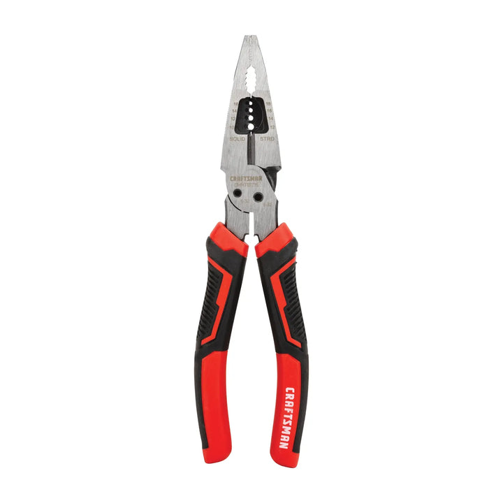 Photo of Craftsman wire stripping pliers CMHT81715 with red and black handles, front angle, white background.