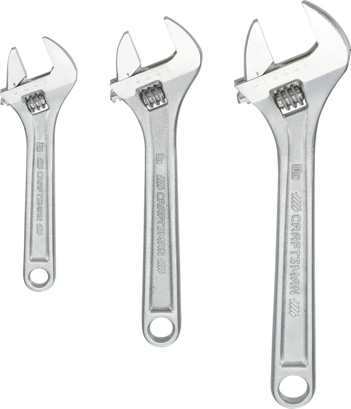 Craftsman CMMT12001 adjustable wrench set, three silver wrenches, top view, white background.