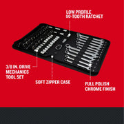 Craftsman 3/8 in. drive mechanics tool set in soft zipper case, full polish chrome finish, CMMT12119.