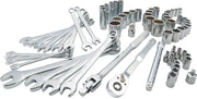 Craftsman CMMT12120 chrome mechanics tool set with wrenches, sockets, ratchet and accessories, angled on white background.