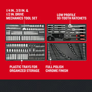 Craftsman mechanics tool set CMMT12139 with plastic trays, chrome finish, ratchets and sockets top view.