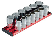 Photo of Craftsman socket set, model CMMT17580V, with 11 chrome sockets on a red organizer, angled on white background.
