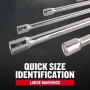 Craftsman chrome socket extensions with large size markings, CMMT42283, graphics category, side angle.