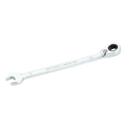 A single chrome ratcheting combination wrench with an open-end and a box-end, isolated on a white background.