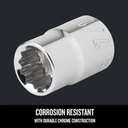 Photo of Craftsman chrome socket with twelve-point design, corrosion resistant, SKU CMMT44332, angled view.
