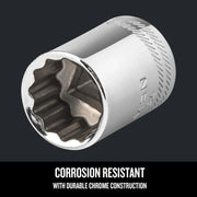 Craftsman chrome socket, SKU CMMT44334, with corrosion resistance, close-up angle on black background.