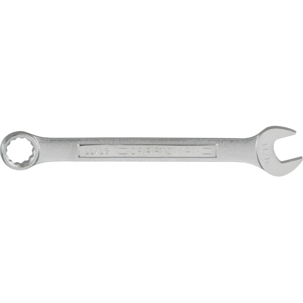 Photo of CRAFTSMAN CMMT44698 combination wrench, silver finish, showing box end and open end on white background.