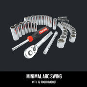 Photo of Craftsman socket and ratchet tool set CMMT45061 with chrome sockets and screwdriver, angled on white background.