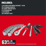 Photo of Craftsman 63-piece SAE/metric mechanics tool set CMMT45163, including sockets, ratchet, bit driver, extension bar, hex keys, and specialty bits, on red background.