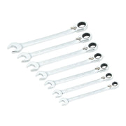Photo of Craftsman CMMT87024 ratcheting combination wrench set, seven silver wrenches in a row, white background.
