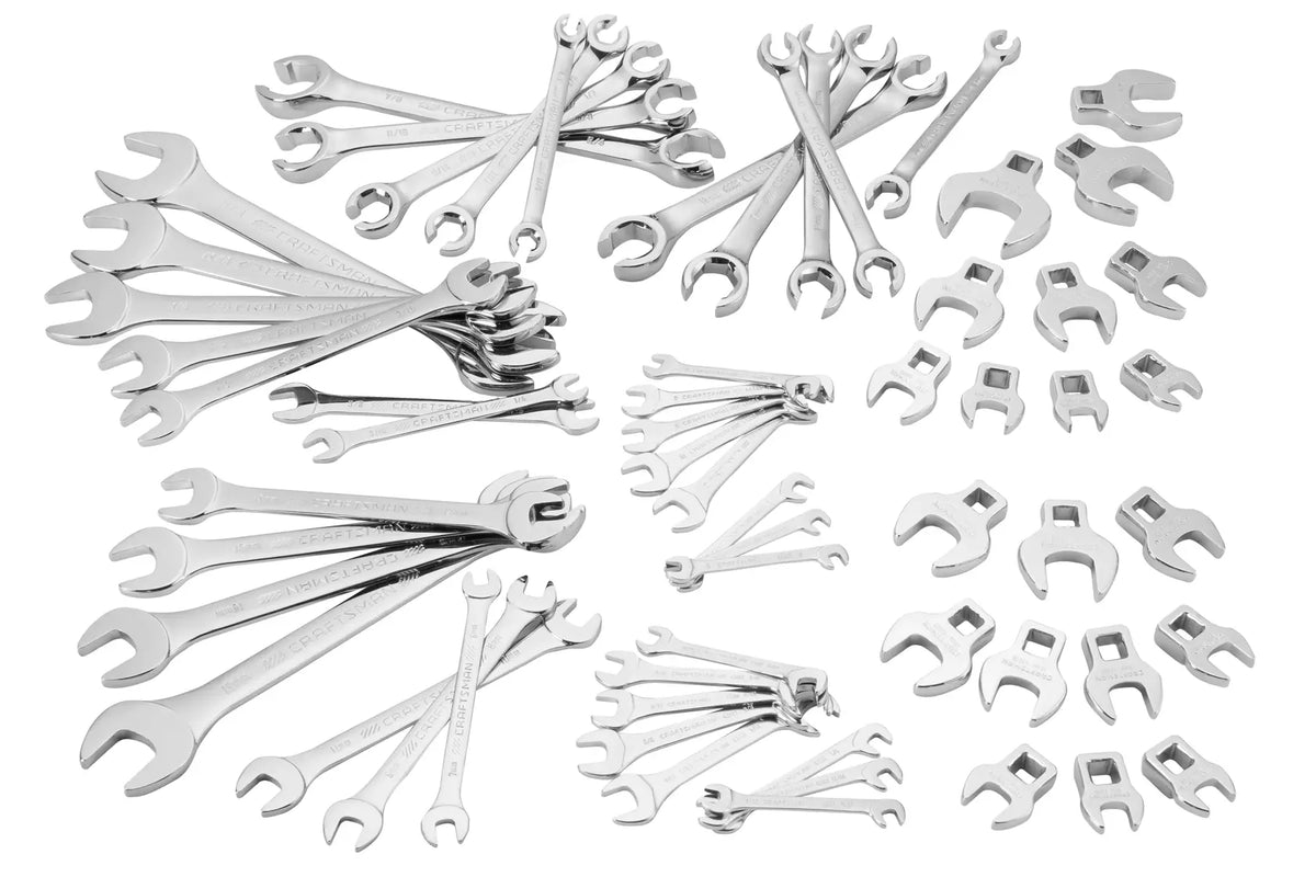 Photo of Craftsman wrench and crowfoot set, assorted sizes, chrome finish, SKU CMMT87903, top view.