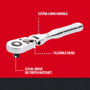 Craftsman 3/8 in. drive 72-tooth ratchet with large switch lever, flexible head, SKU CMMT99425, angled photo.