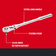 Craftsman CMMT99426 3/8 in. drive 72-tooth ratchet with extra-long handle and flexible head, angled view.
