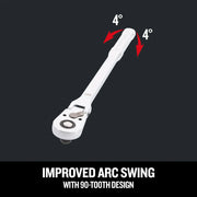 Craftsman 72-tooth ratchet with improved arc swing, silver finish, side angle, CMMT99426.