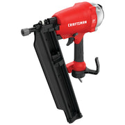 Photo of CRAFTSMAN CMP21PL 21-degree pneumatic framing nailer, red and black, side angle on white background.