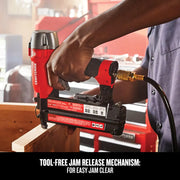 Photo of Craftsman pneumatic brad nailer CMPBN18K in use, tool-free jam release mechanism visible.
