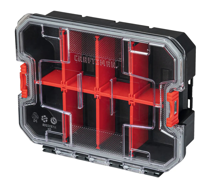 Craftsman organizer box CMST17827, clear lid, black and red compartments, front angle, tool storage.