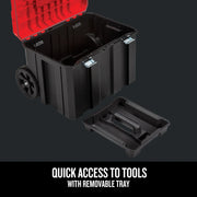 Craftsman rolling tool box CMST17835 with red lid open and removable black tray shown.