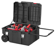 Photo of Craftsman rolling tool box SKU CMST17870, black with open lid, filled with red and black power tools, angled view.