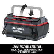 Photo of Craftsman Versastack XL tool bag CMST21451 with a black and red fabric exterior and a 3-position gray handle on a white background.