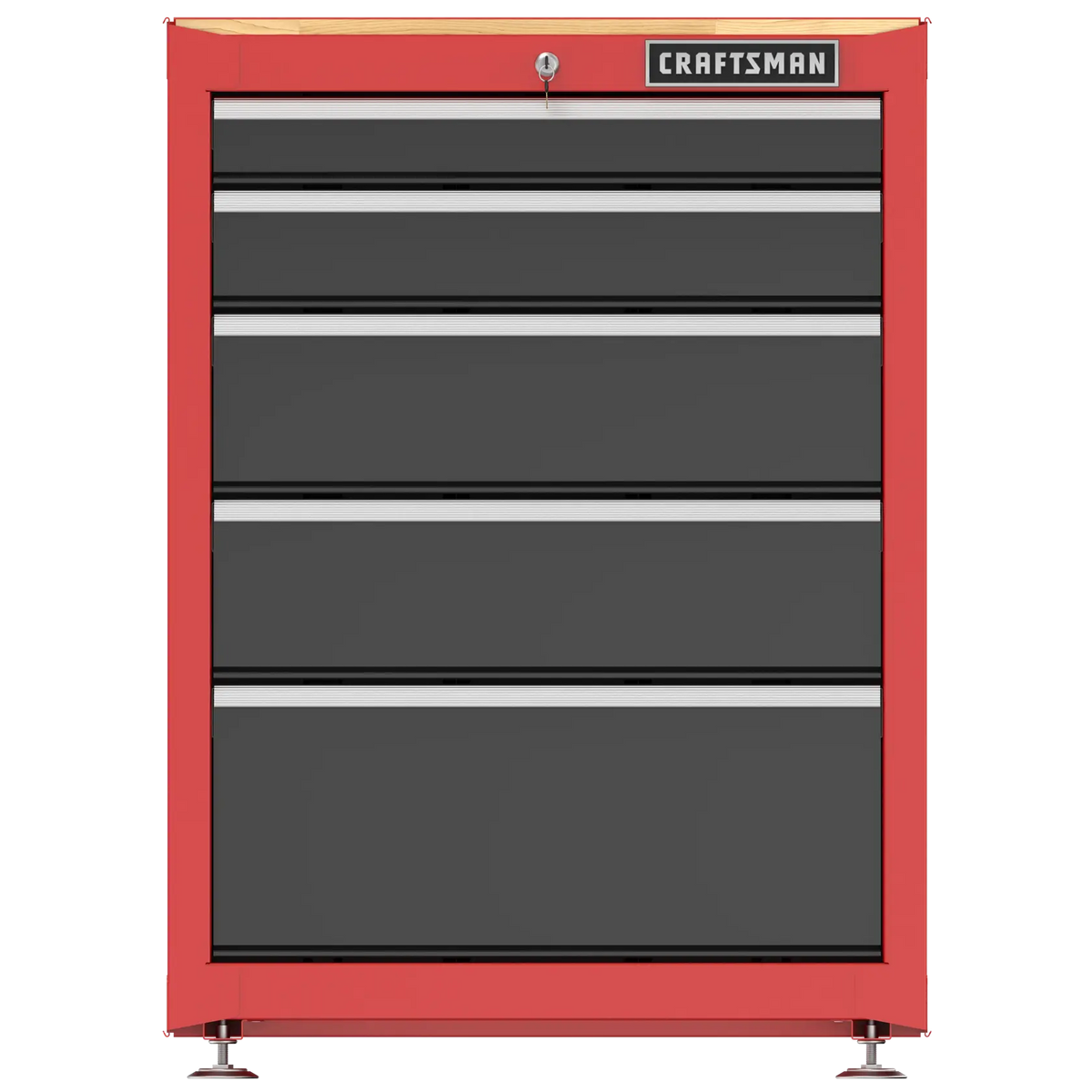 Front angle photo of Craftsman red tool chest with five drawers, wood top, CMST22602RB.