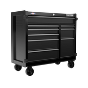 Craftsman CMST98260BK black rolling tool chest with multiple drawers, front angle, white background.