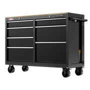 Craftsman black rolling tool chest with wood top and seven drawers, front angle, CMST98530BK.
