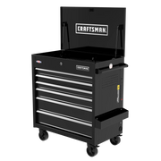 A black rolling tool chest with six drawers and an open top compartment. The chest is on four caster wheels for mobility, has a handle on the side, and displays the CRAFTSMAN logo on the top lid and front drawer.