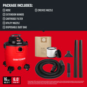 Image shows a CRAFTSMAN wet/dry vacuum package that includes a red and black vacuum with wheels, a disposable dust bag, a cartridge filter, a hose, two extension wands, a utility nozzle, and a crevice nozzle. Key features highlighted are 16-gallon (60.57 liters) capacity and 6.0 peak horsepower.