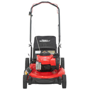 Front angle photo of Craftsman red lawn mower CMXGMAM221101 with Dust Blocker bag and black wheels.