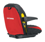 Photo of Craftsman lawn mower seat cover, red and black, model CMXGZAA52002201, rear angle on white background.